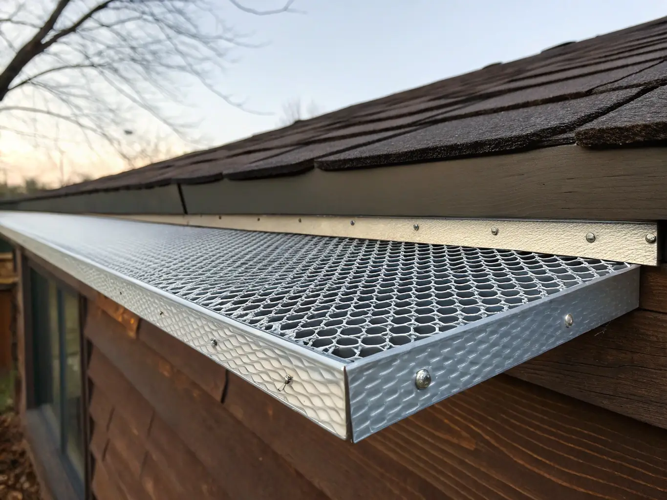 A close-up image of gutter guards installed on a home, highlighting their mesh design and ability to prevent debris buildup.