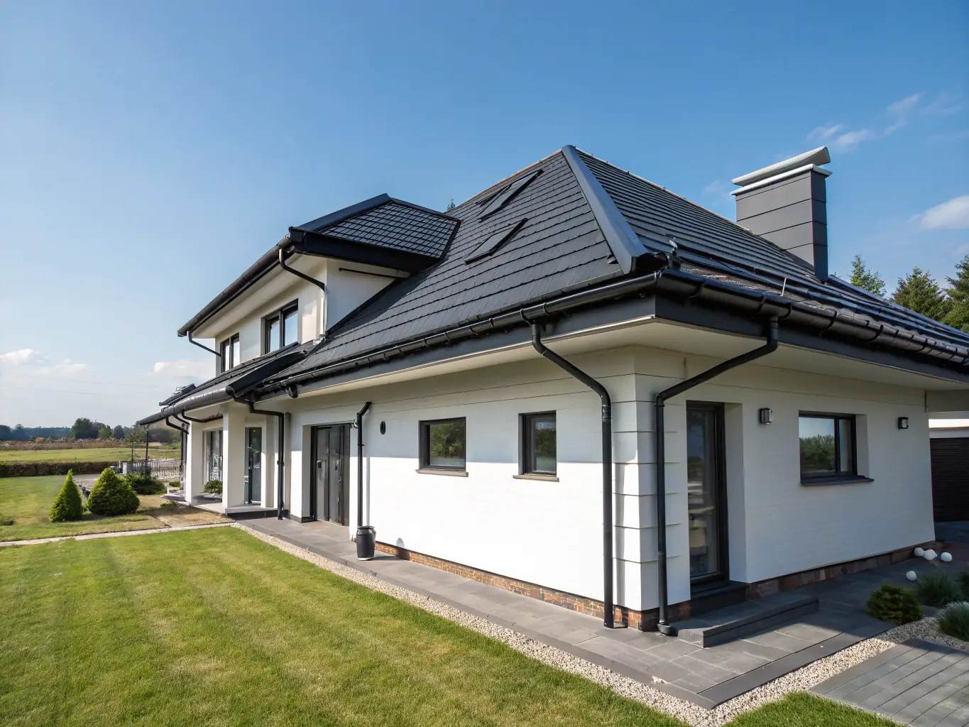 A high-angle shot of a newly installed seamless gutter system on a residential home, showcasing its clean lines and effective water drainage.