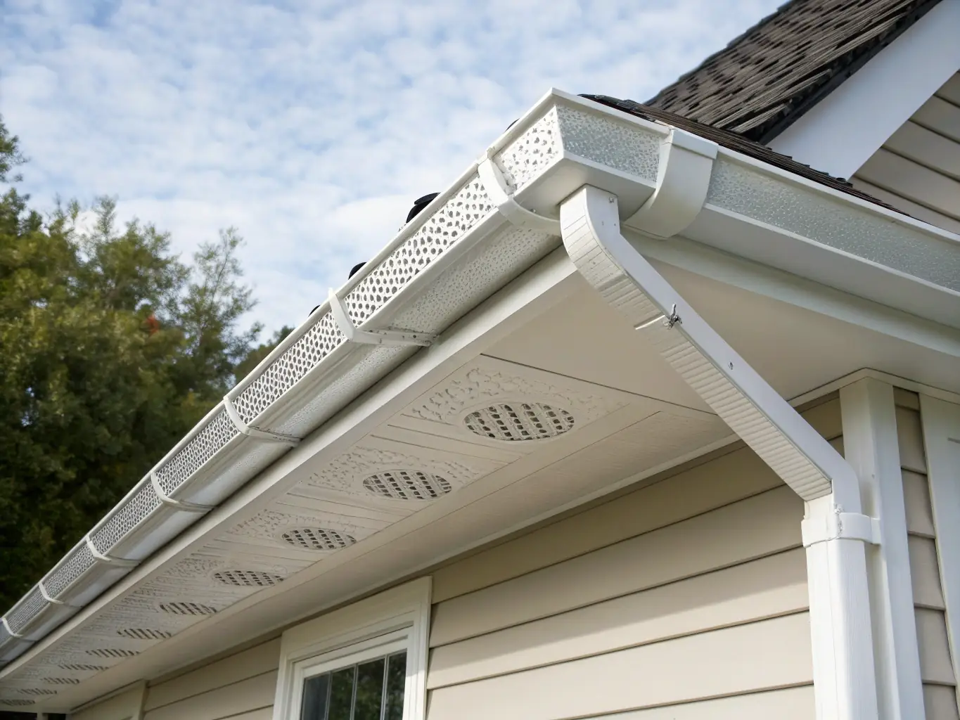 A detailed shot of newly installed soffit and fascia on a home's exterior, emphasizing the clean finish and improved ventilation.